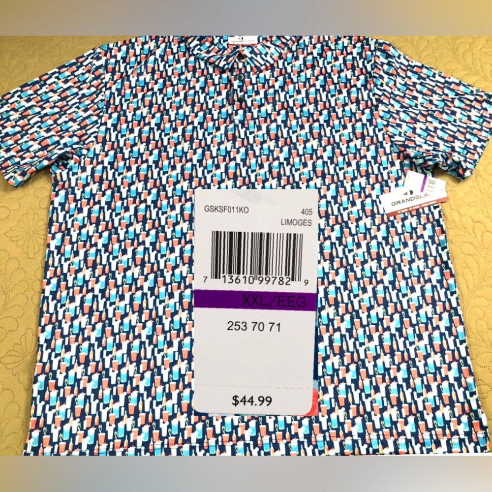 NEW..MEN XXL GRAND SLAM TROPICAL PRINT GOLF POLO (LIMOGES BLUE/MULTI